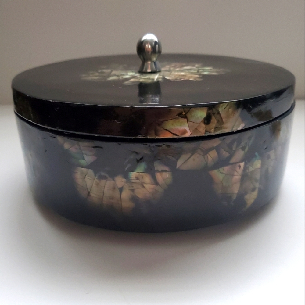 Vtg Laquered Wood Jewellery Box Inlaid Abalone Mother-of-pearl Silver Accents